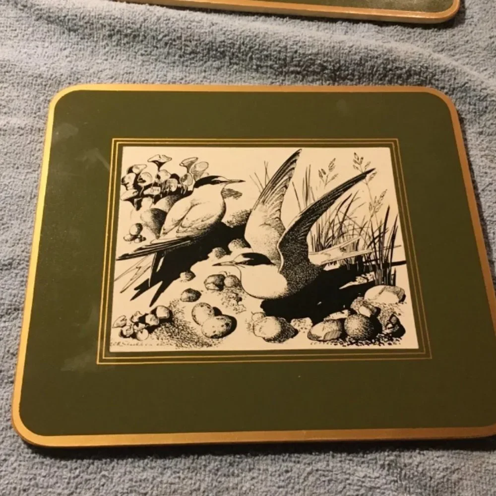 Cloverleaf R65 bird woodcuts table coasters new in box vintage